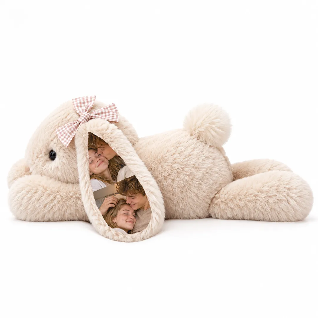 Personalized Floppy Bunny Stuffed Animal — Custom Photo Ears, Gingham Bows, Super Soft Squishy Lying Rabbit Gift for Birthday & Valentine's