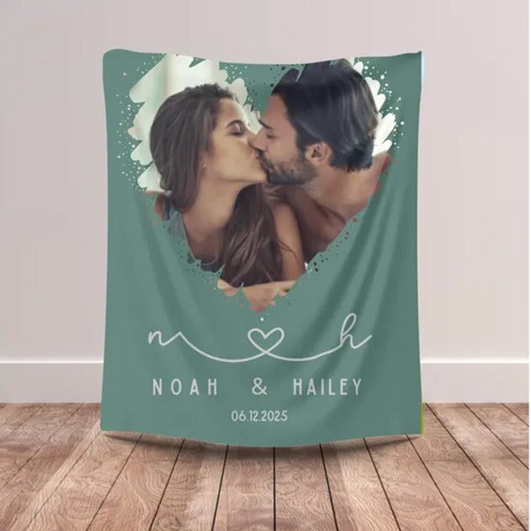 Custom Photo Blanket with Heart Frame – Personalize gift Valentine’s Day Gift for Couples