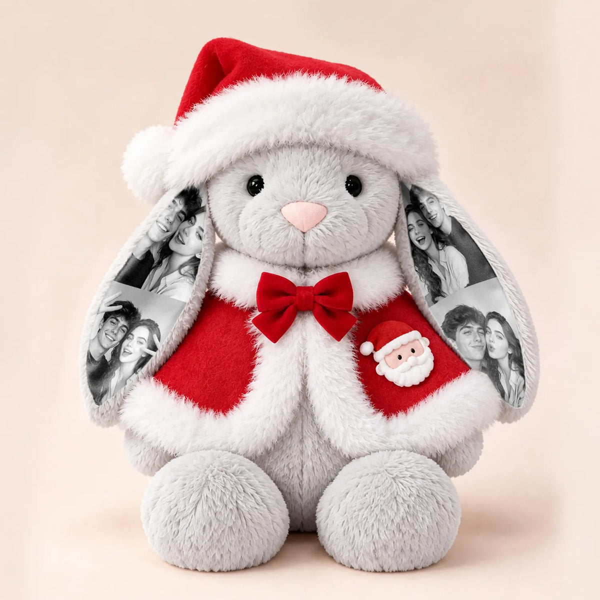 Custom Photo Bunny Plush with Santa Hat & Red Cape — Personalized Long-Ear Rabbit Stuffed Animal Christmas Gift