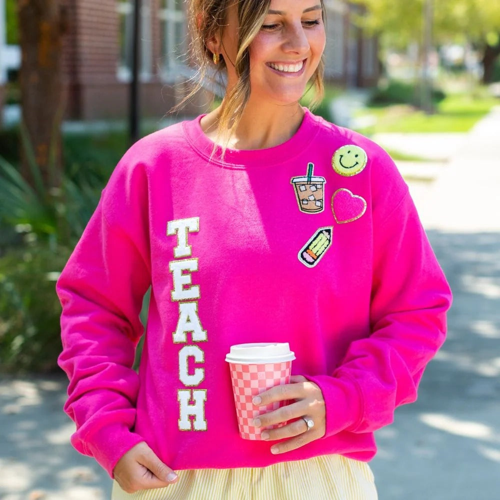 Custom Glitter “TEACH” Letter Patch Sweatshirt – Coordinating Smiley, Coffee, Pencil & Heart Icons for Teachers