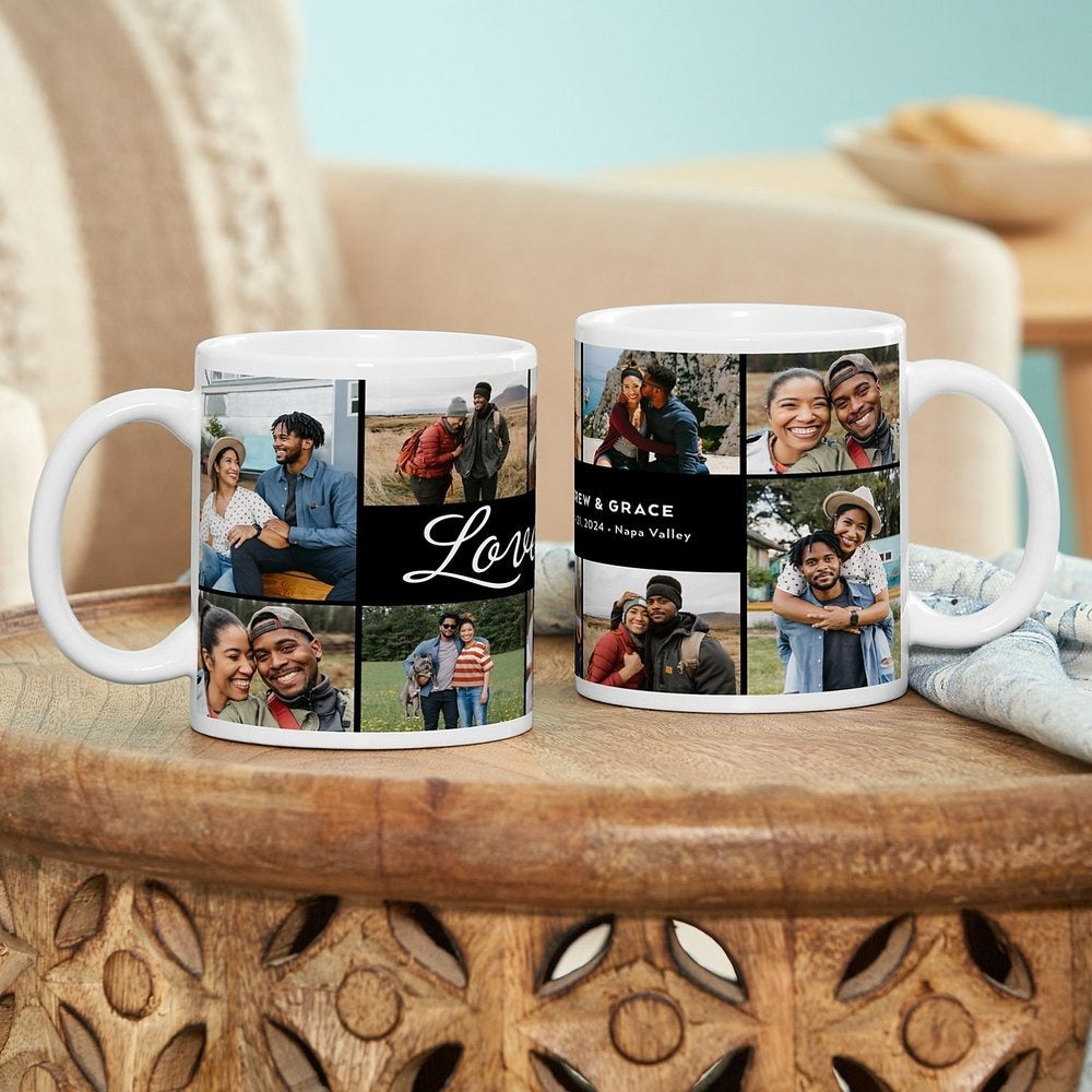 Custom Photo Love Collage Mug — Personalized Couple Coffee Cup, Anniversary Valentine Gift