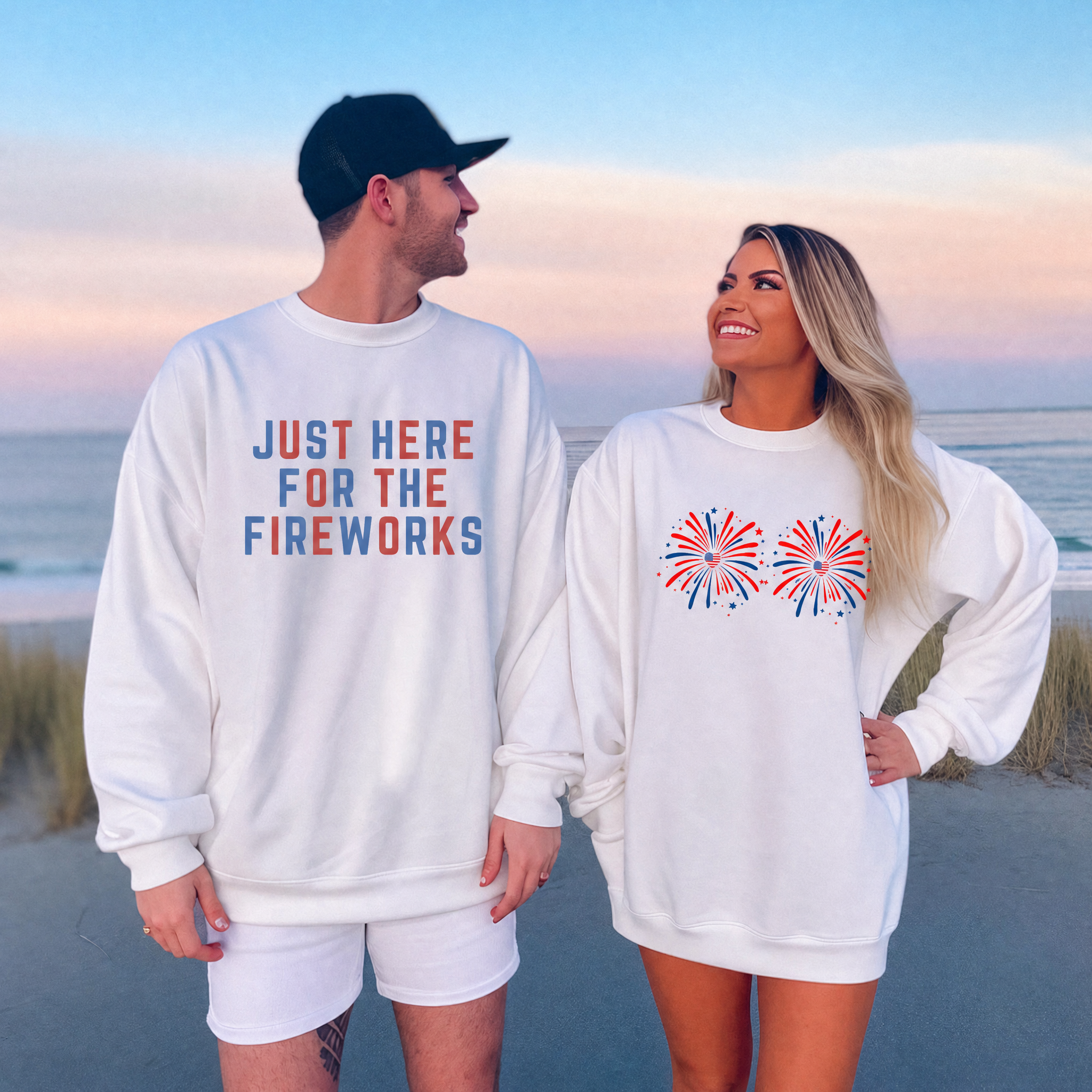 Funny Couple Matching 4th of July Couples Shirt – Just Here for the Fireworks, American Flag Tee
