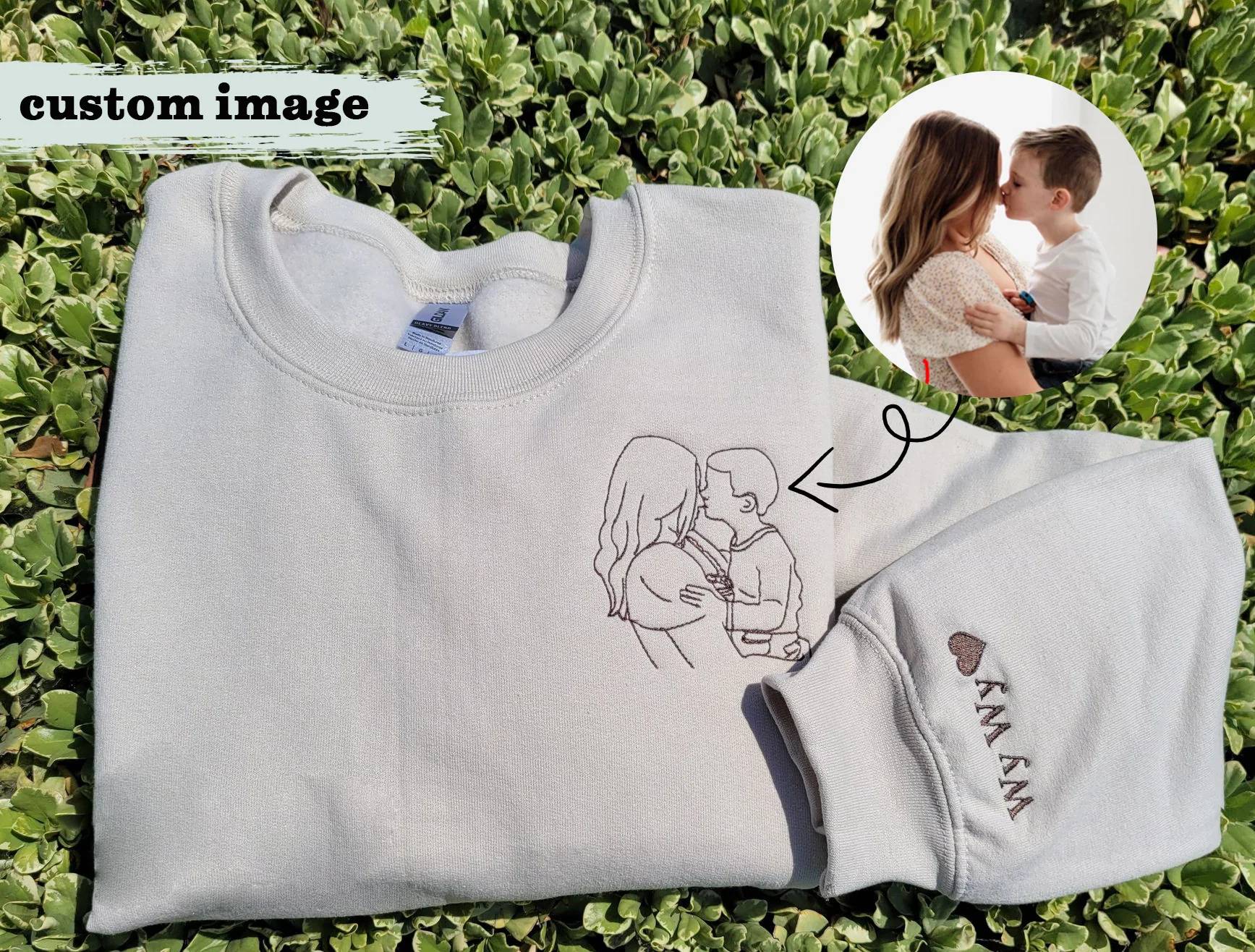 Custom Photo Embroidered Mother and Son Sweatshirt,Mother's Day,Family Gift