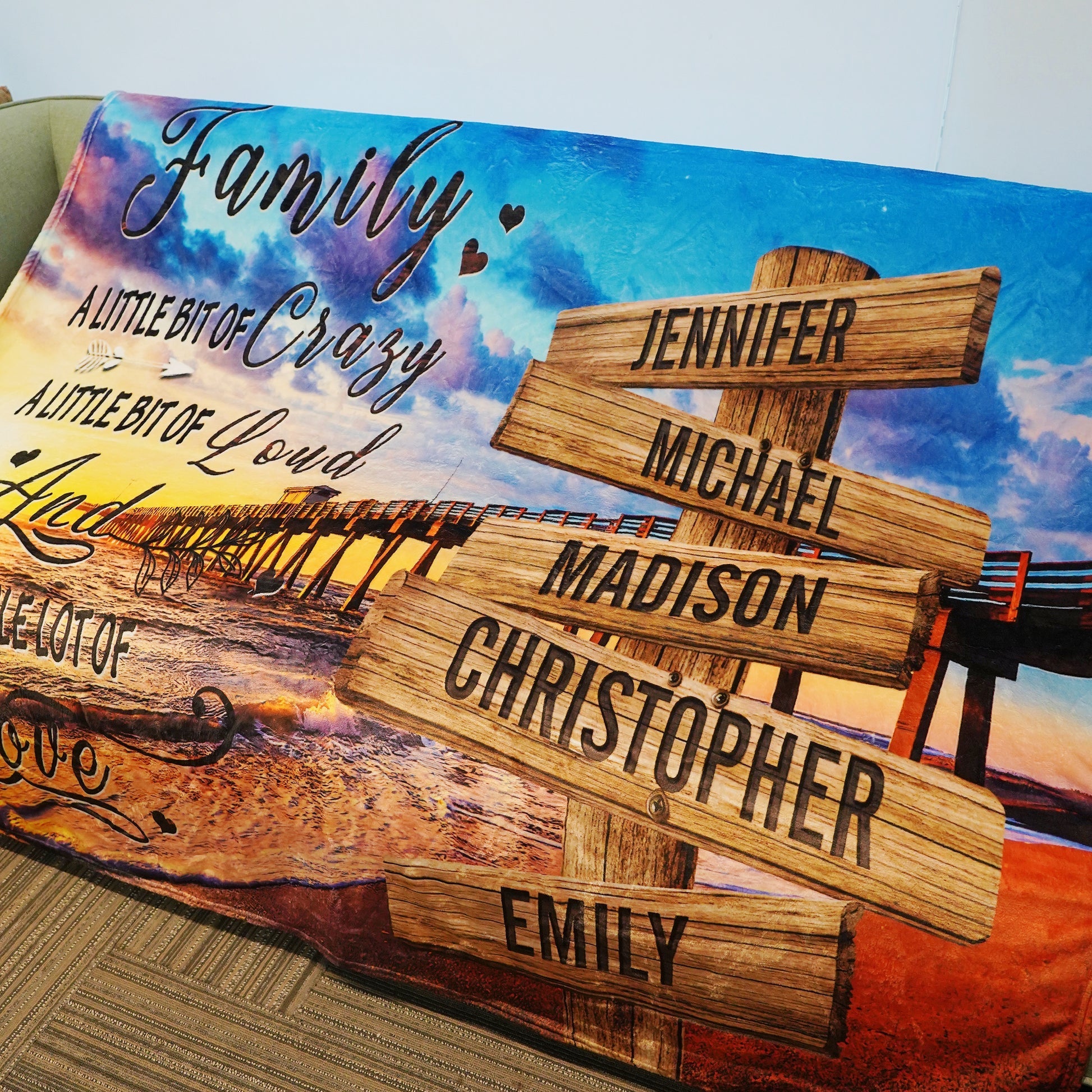 💖For Family Blanket👨👩👦👦Ocean Pier Color A Whole Lot of Love Multi-Names Blanket