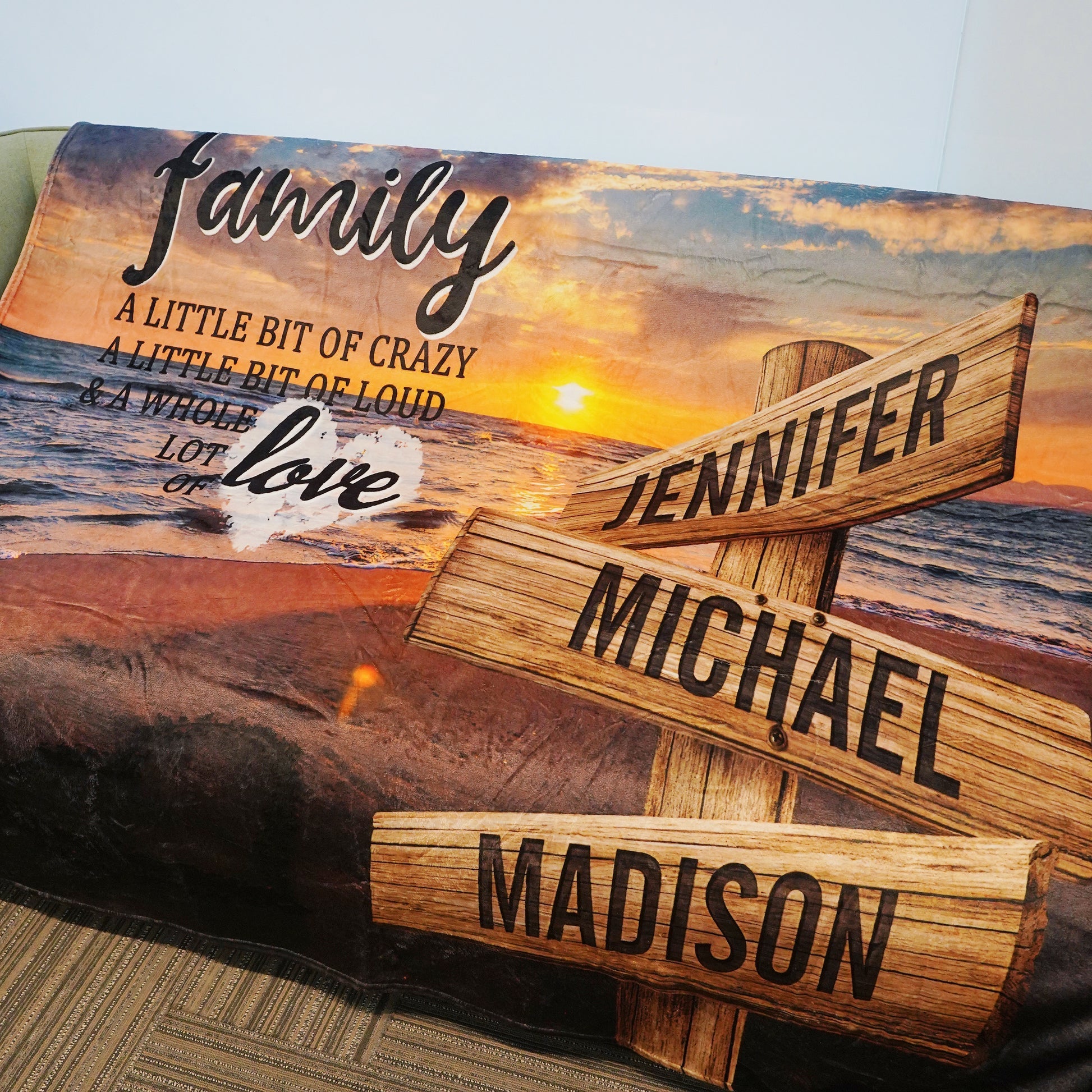 💖For Family Blanket👨👩👦👦Beach Sunset Color A Little Whole Lot of Love Multi-Names Blanket