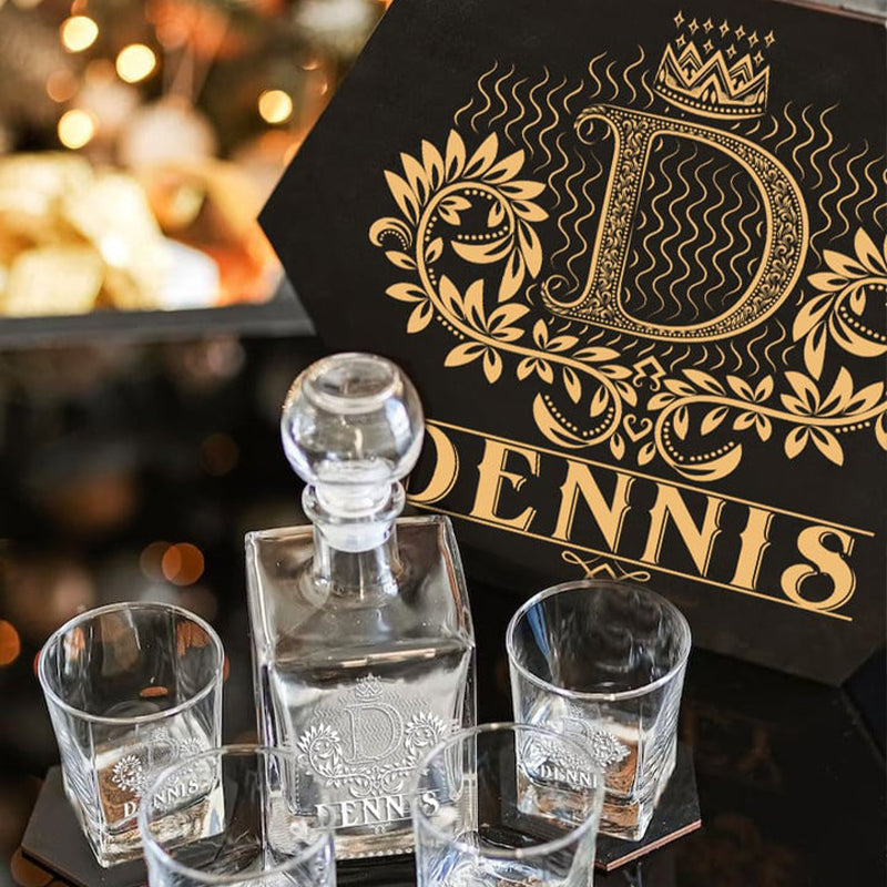 DENNIS - WHISKEY SET (Wooden box + Decanter + 4 Glasses + 4 Coasters)