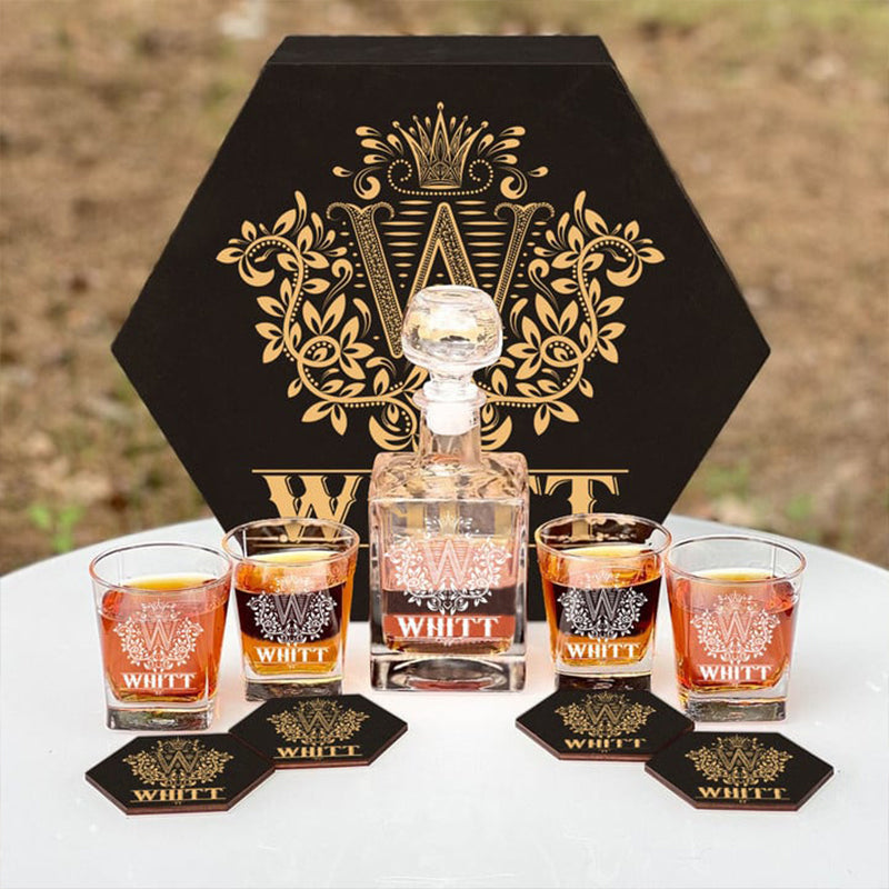 WHITT - WHISKEY SET (Wooden box + Decanter + 4 Glasses + 4 Coasters)