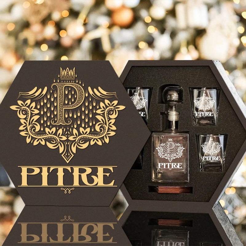 PITRE - WHISKEY SET (Wooden box + Decanter + 4 Glasses + 4 Coasters)