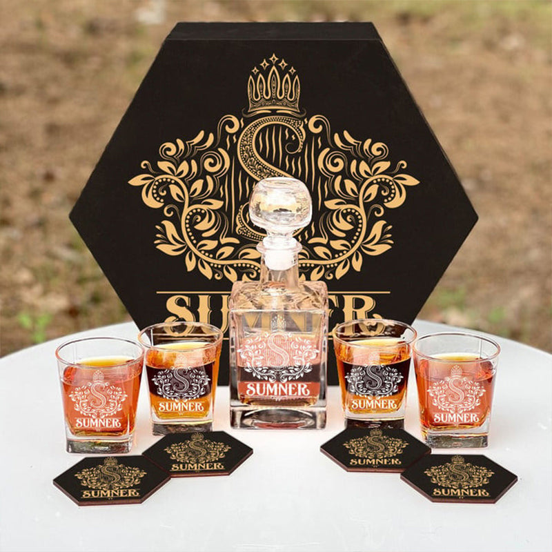 SUMNER - WHISKEY SET (Wooden box + Decanter + 4 Glasses + 4 Coasters)