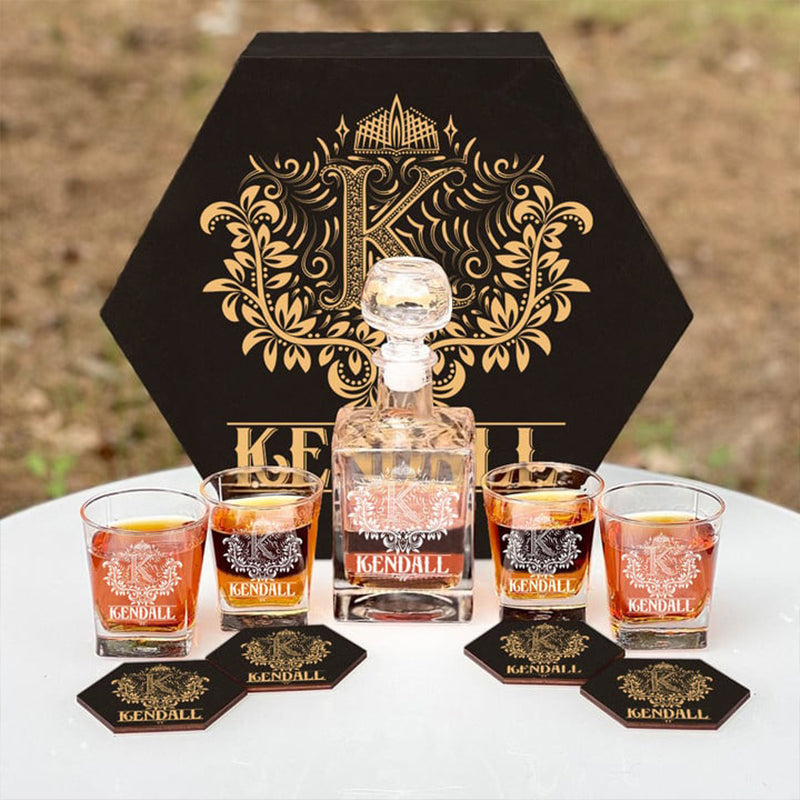 KENDALL - WHISKEY SET (Wooden box + Decanter + 4 Glasses + 4 Coasters)