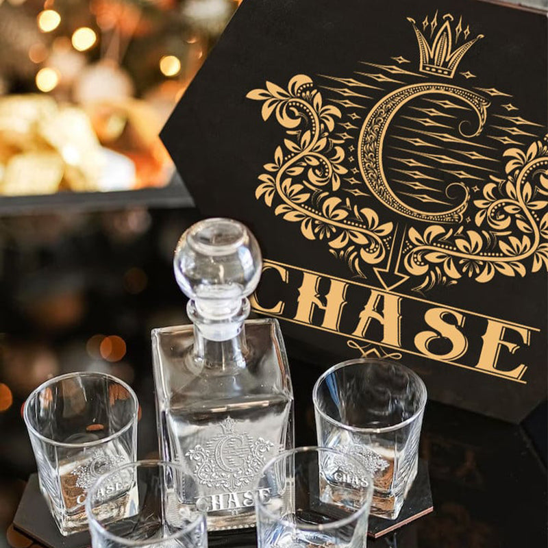 CHASE - WHISKEY SET (Wooden box + Decanter + 4 Glasses + 4 Coasters)