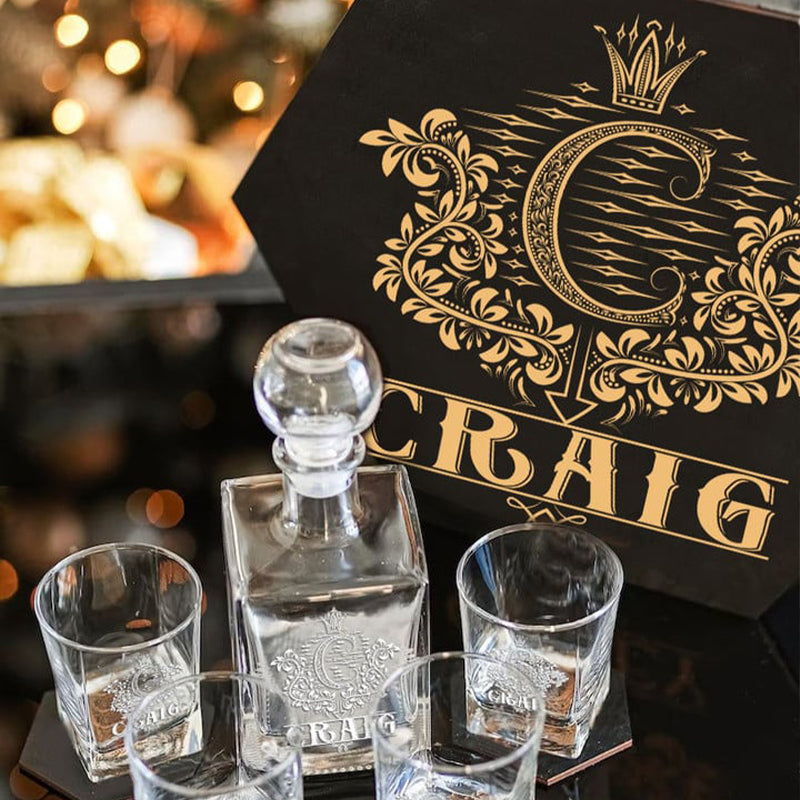 CRAIG - WHISKEY SET (Wooden box + Decanter + 4 Glasses + 4 Coasters)