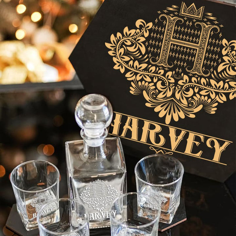 HARVEY - WHISKEY SET (Wooden box + Decanter + 4 Glasses + 4 Coasters)