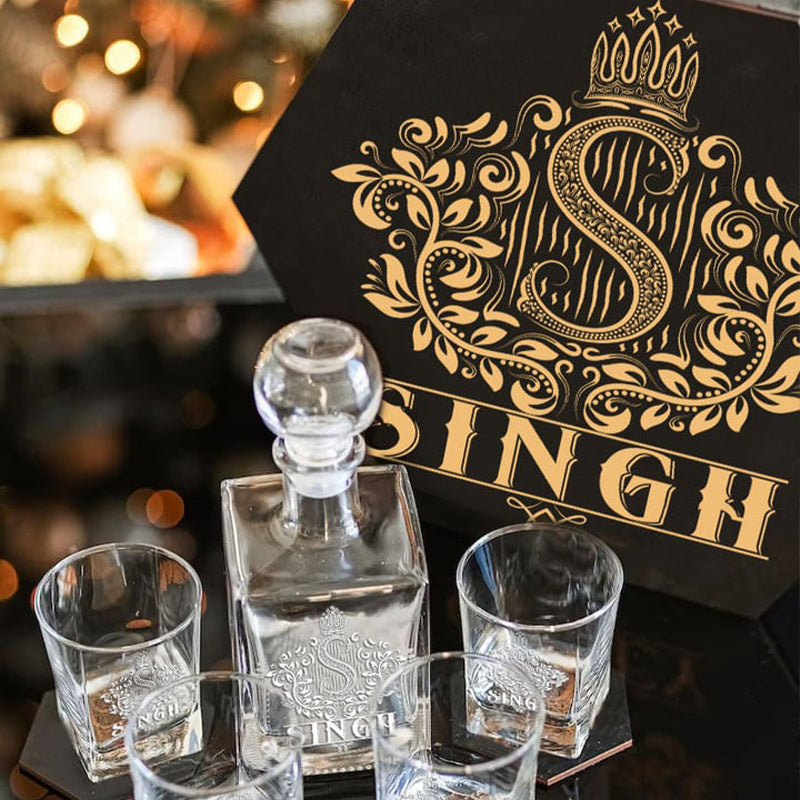 SINGH - WHISKEY SET (Wooden box + Decanter + 4 Glasses + 4 Coasters)