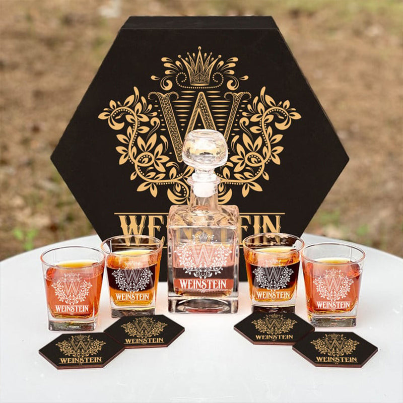 WEINSTEIN - WHISKEY SET (Wooden box + Decanter + 4 Glasses + 4 Coasters)