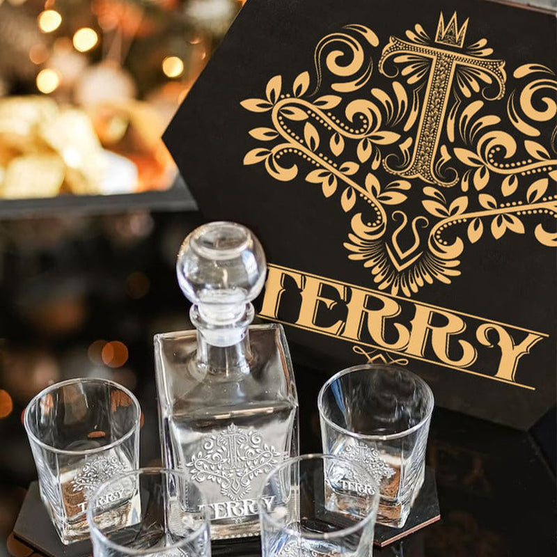 TERRY - WHISKEY SET (Wooden box + Decanter + 4 Glasses + 4 Coasters)