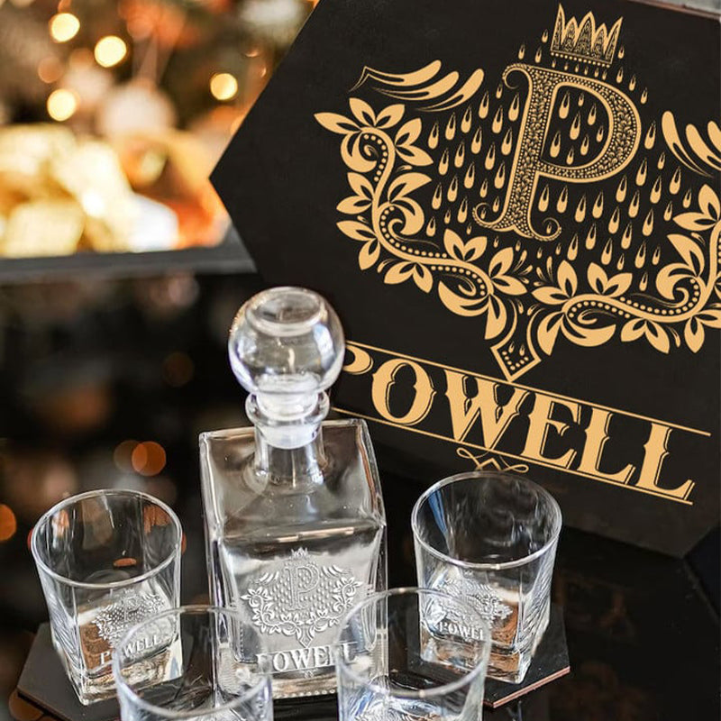POWELL - WHISKEY SET (Wooden box + Decanter + 4 Glasses + 4 Coasters)