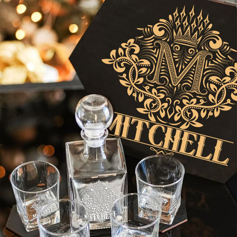 MITCHELL - WHISKEY SET (Wooden box + Decanter + 4 Glasses + 4 Coasters)