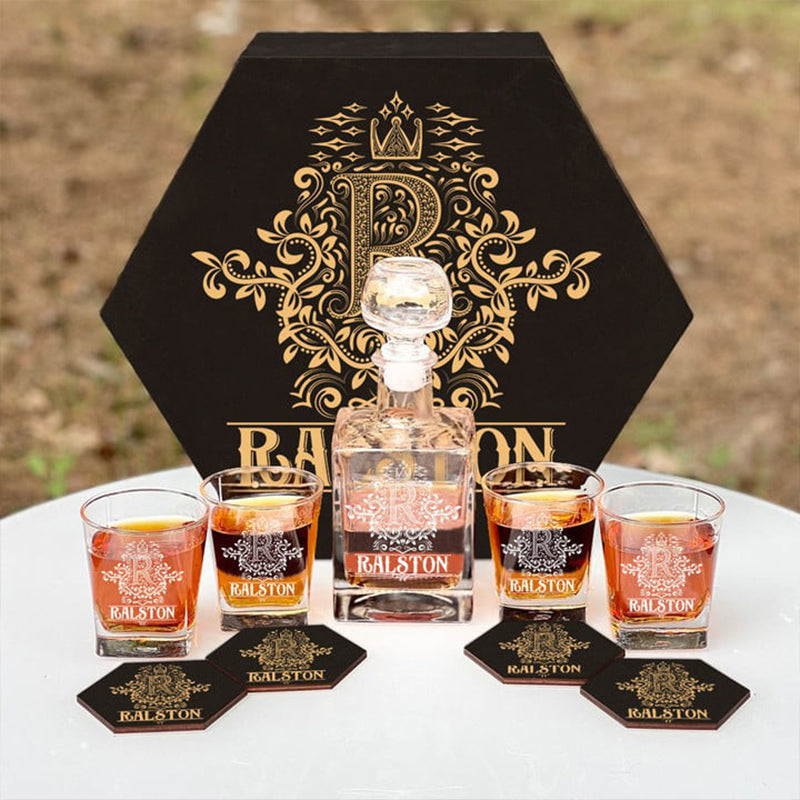 RALSTON - WHISKEY SET (Wooden box + Decanter + 4 Glasses + 4 Coasters)