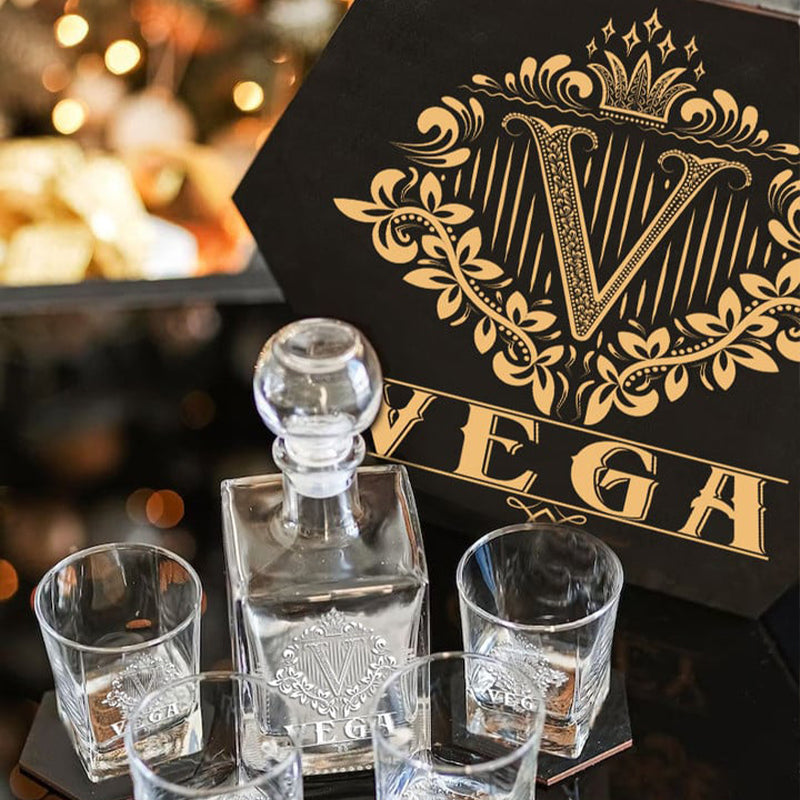 VEGA - WHISKEY SET (Wooden box + Decanter + 4 Glasses + 4 Coasters)