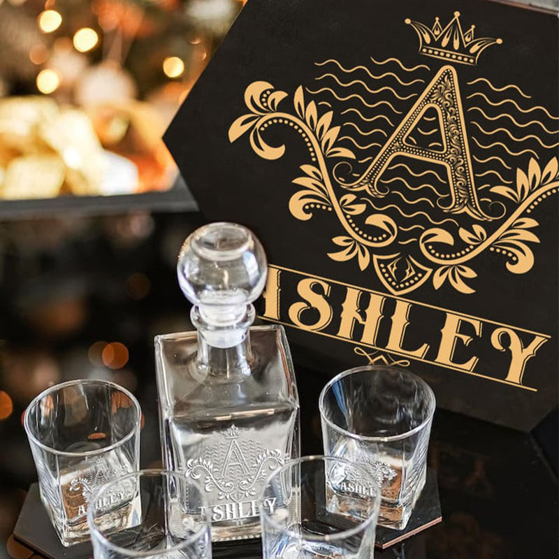 ASHLEY - WHISKEY SET (Wooden box + Decanter + 4 Glasses + 4 Coasters)