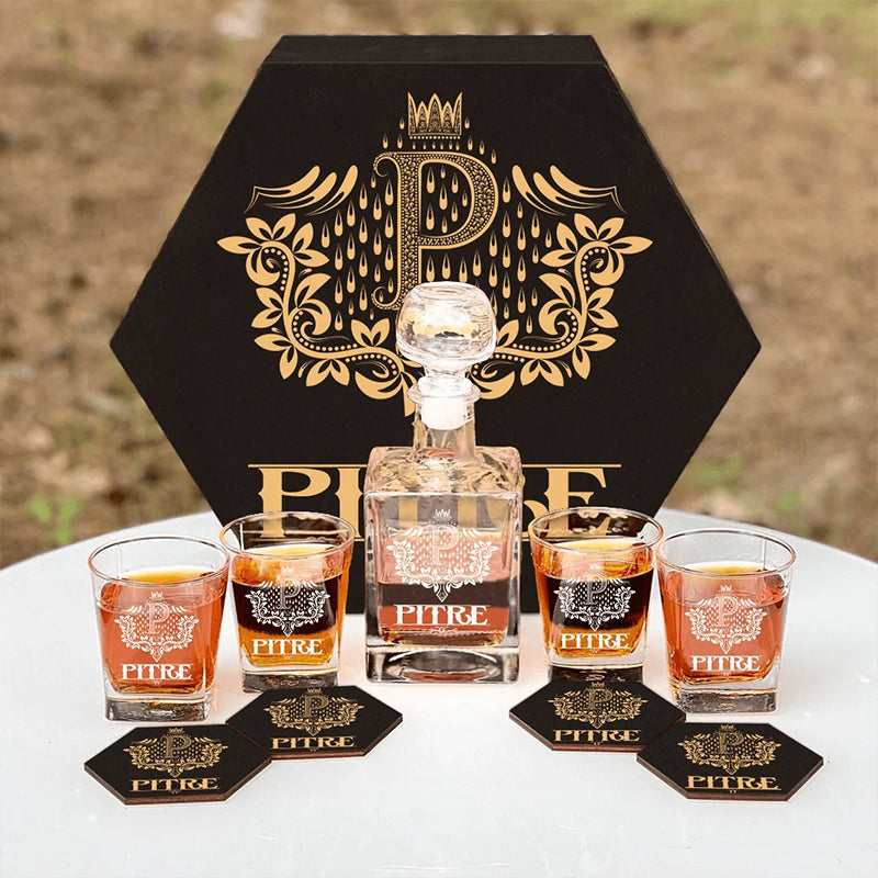 PITRE - WHISKEY SET (Wooden box + Decanter + 4 Glasses + 4 Coasters)