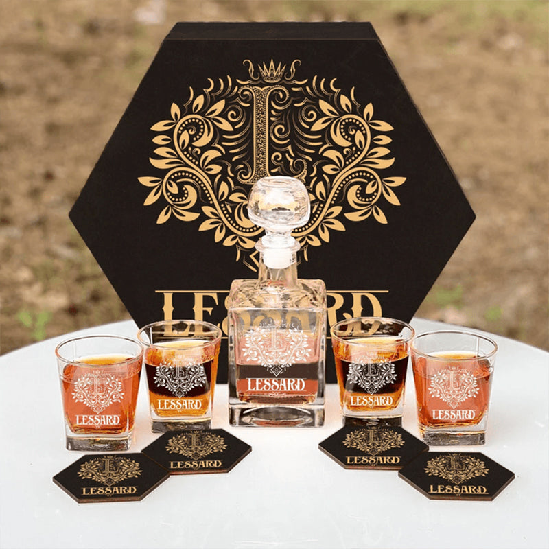 LESSARD - WHISKEY SET (Wooden box + Decanter + 4 Glasses + 4 Coasters)