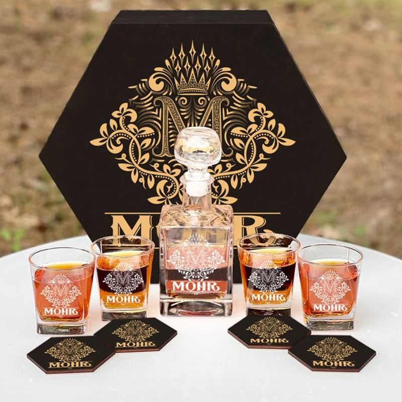 MOHR - WHISKEY SET (Wooden box + Decanter + 4 Glasses + 4 Coasters)