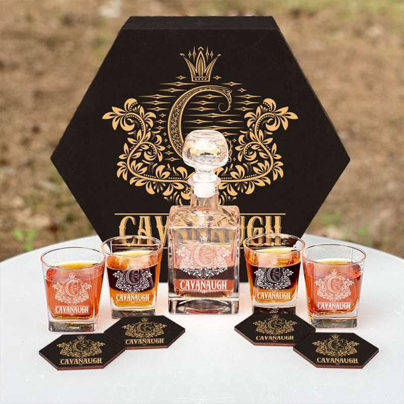 CAVANAUGH - WHISKEY SET (Wooden box + Decanter + 4 Glasses + 4 Coasters)