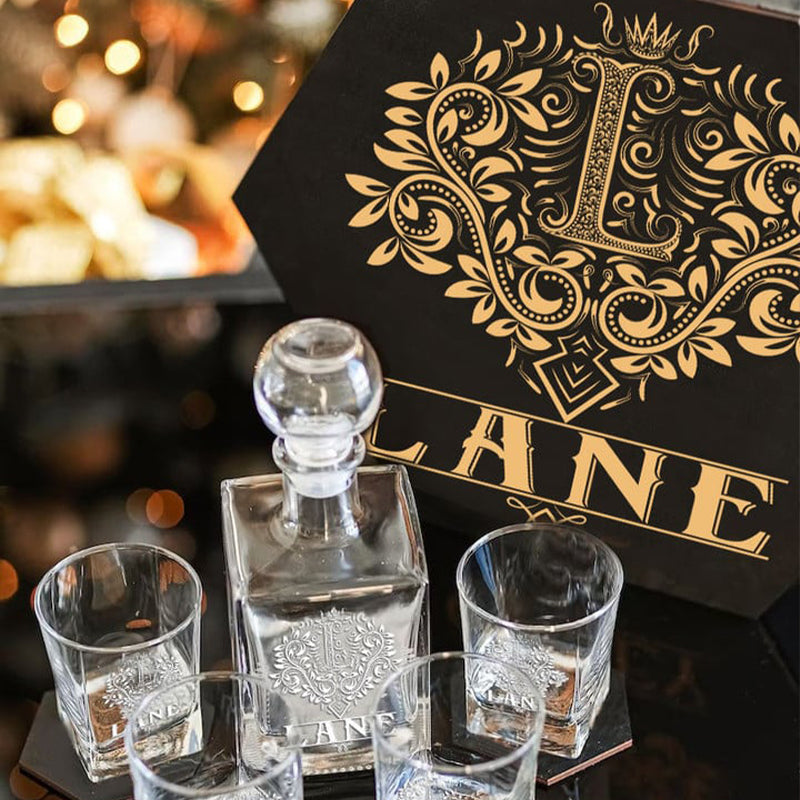 LANE - WHISKEY SET (Wooden box + Decanter + 4 Glasses + 4 Coasters)
