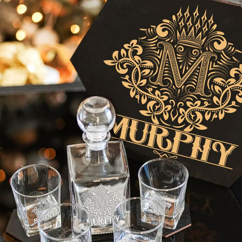MURPHY - WHISKEY SET (Wooden box + Decanter + 4 Glasses + 4 Coasters)