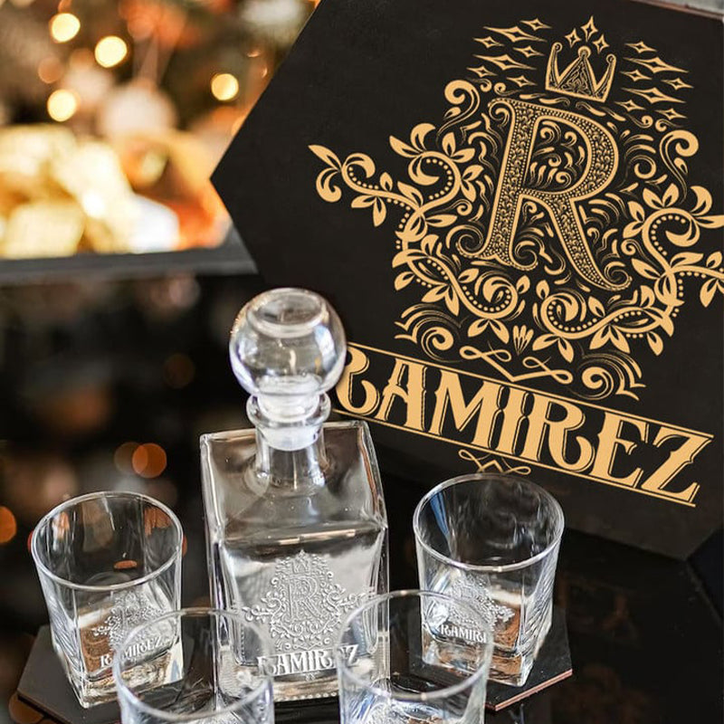 RAMIREZ - WHISKEY SET (Wooden box + Decanter + 4 Glasses + 4 Coasters)