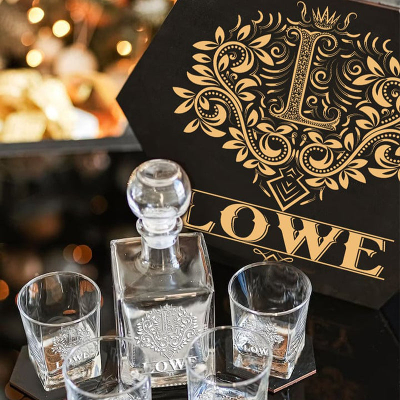 LOWE - WHISKEY SET (Wooden box + Decanter + 4 Glasses + 4 Coasters)