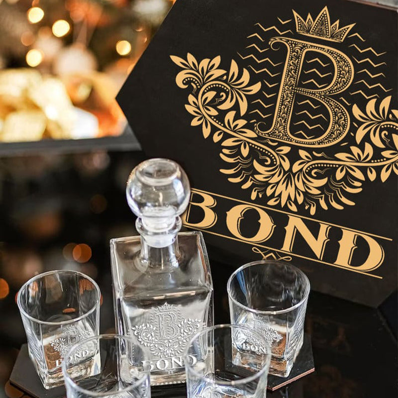 BOND - WHISKEY SET (Wooden box + Decanter + 4 Glasses + 4 Coasters)