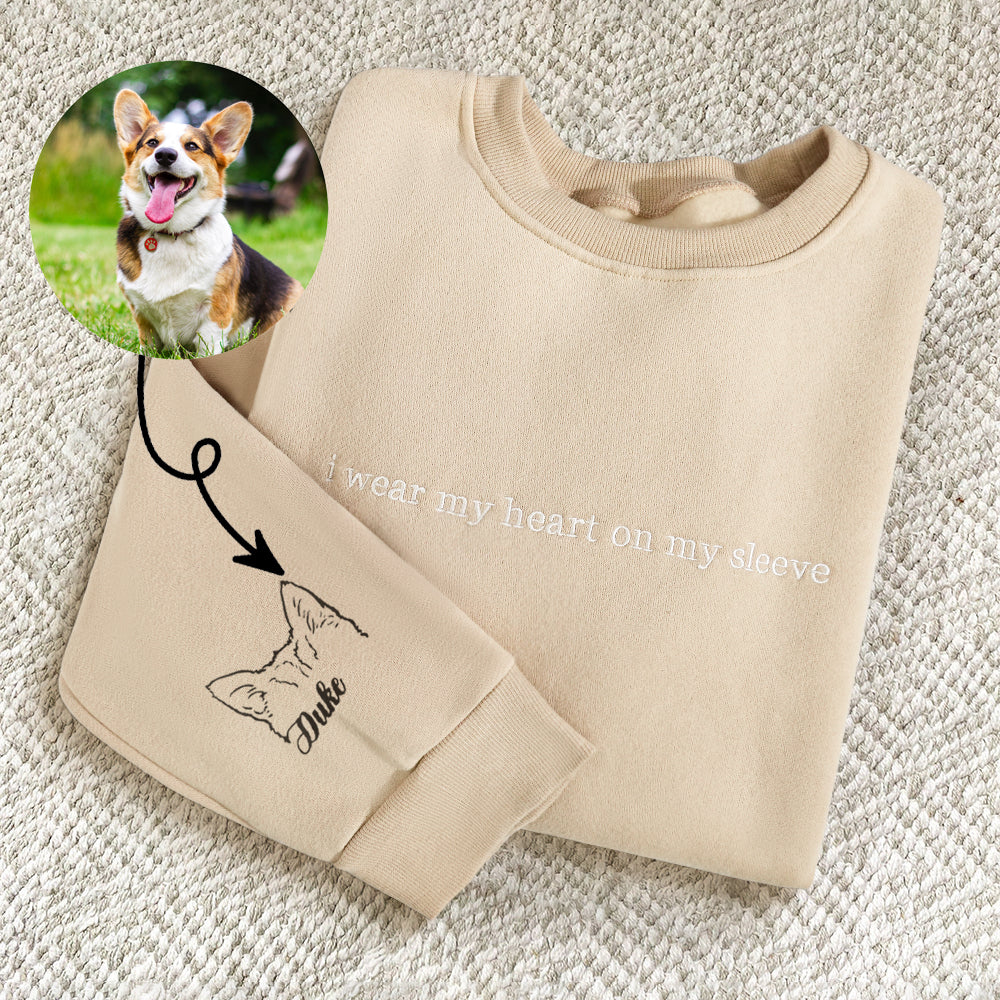 🔥Hot Sale🔥Personalized Heart On My Sleeve Embroidered Crewneck With Dog Cat Ears Any Pet Ears Gift For Pet Lover