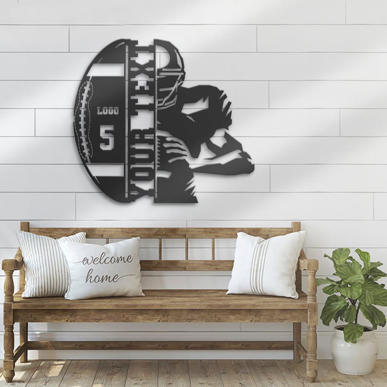 Custom Ball American Football Metal Wall Art LED Light Personalized Player Name Sign Home Decor Kid Nursery Decoration Birthday Xmas Gift