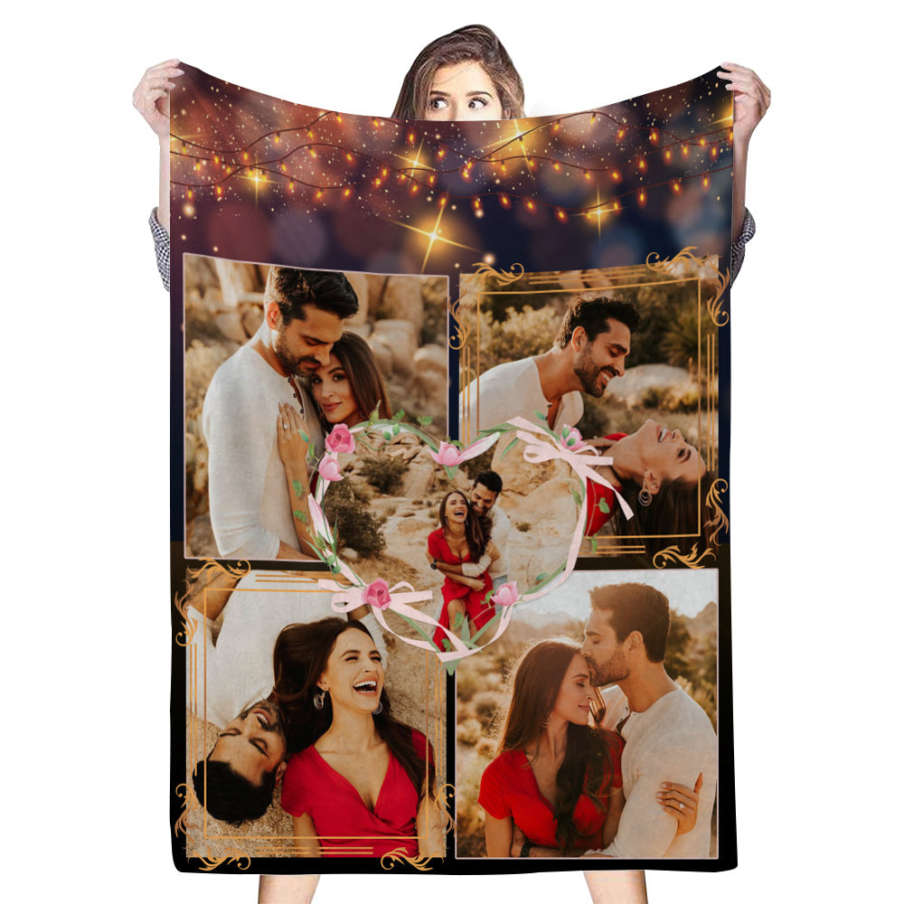 Custom 5 Photos Fleece Blanket Gift for Family/Couple