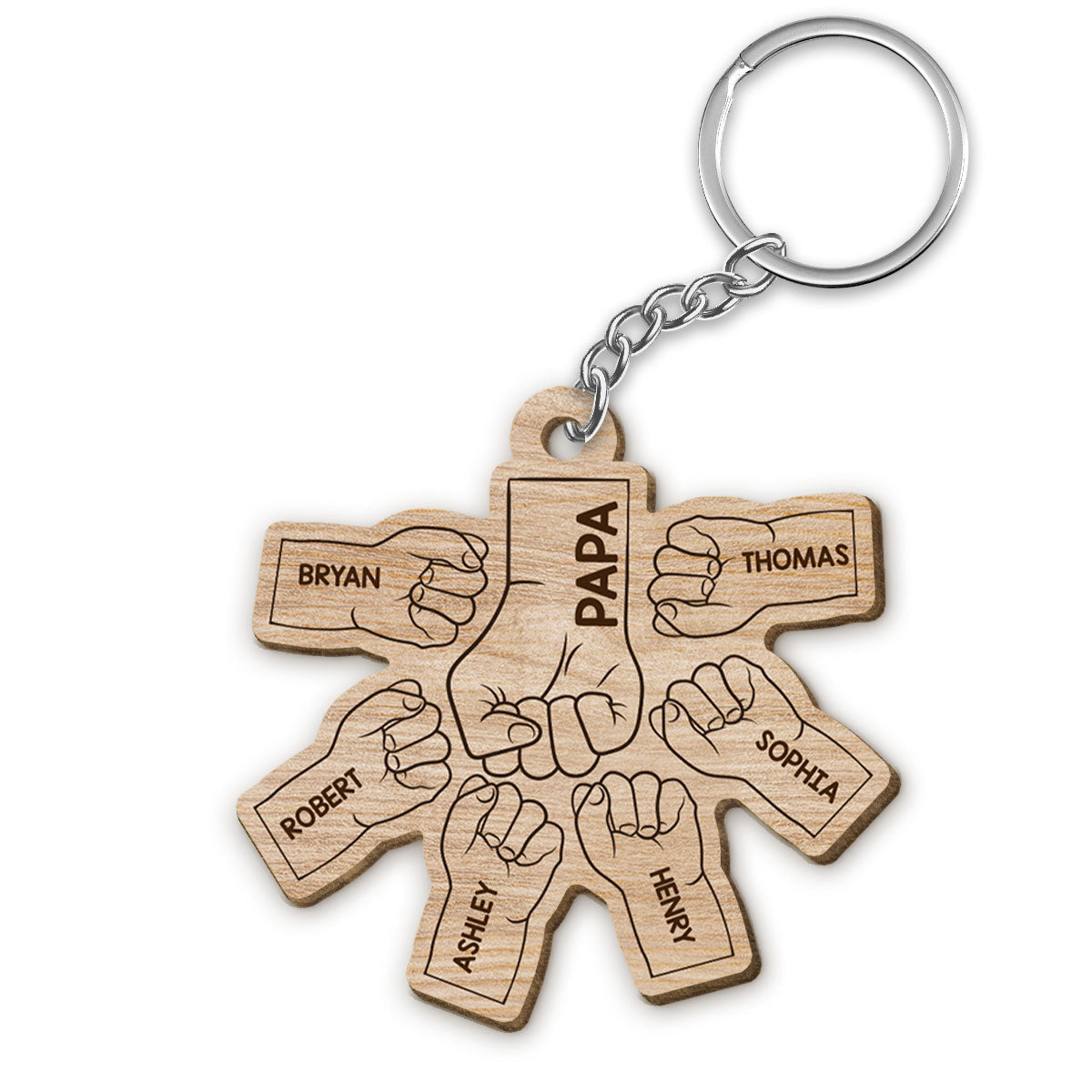 Dad Grandpa And Kids Fist Bump Hands Wooden Keychain
