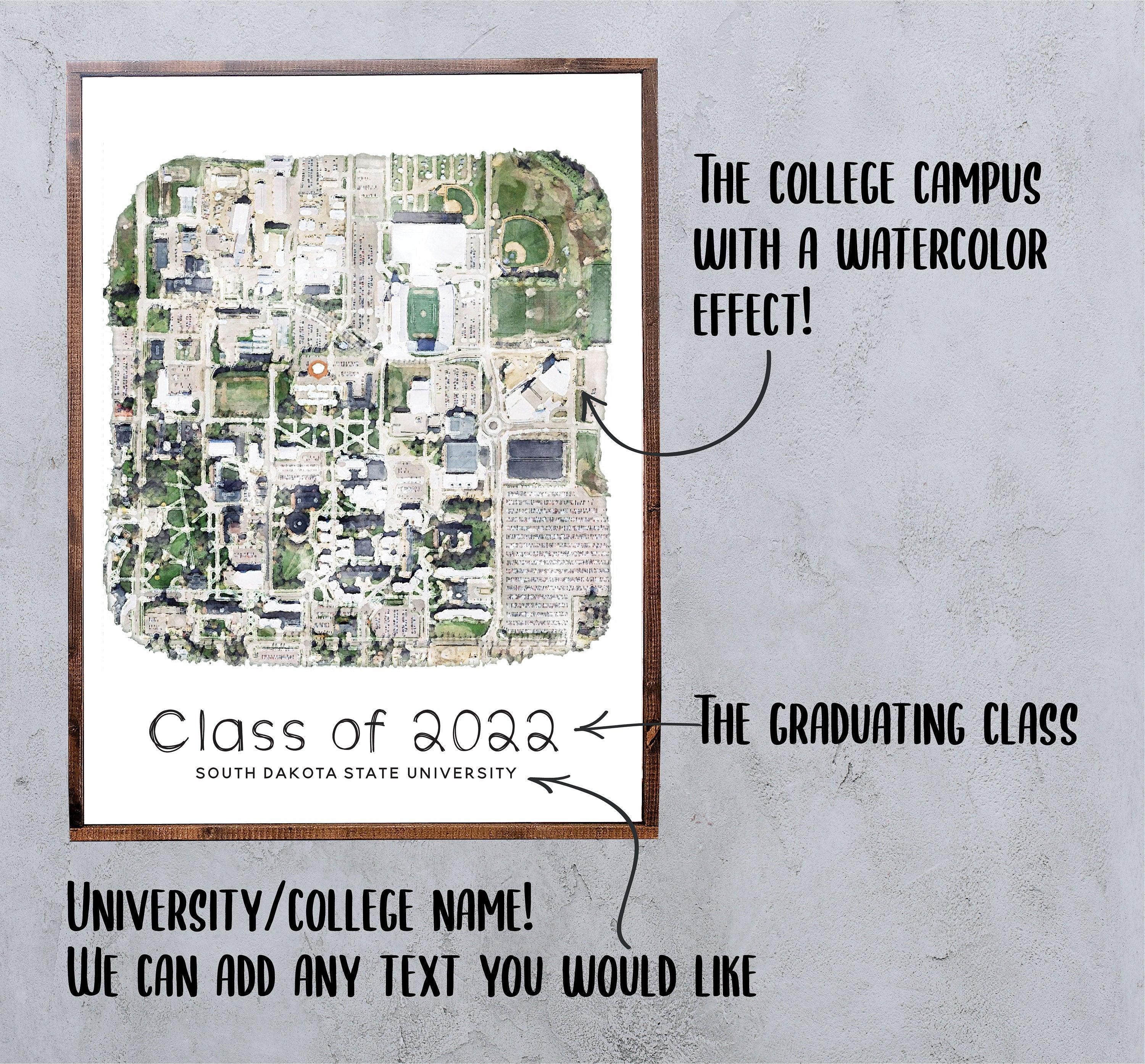College Campus Watercolor Portrait — Watercolor Effect on Framed Canvas, Graduation Gift Ideas, Customizable Graduating Class Decor