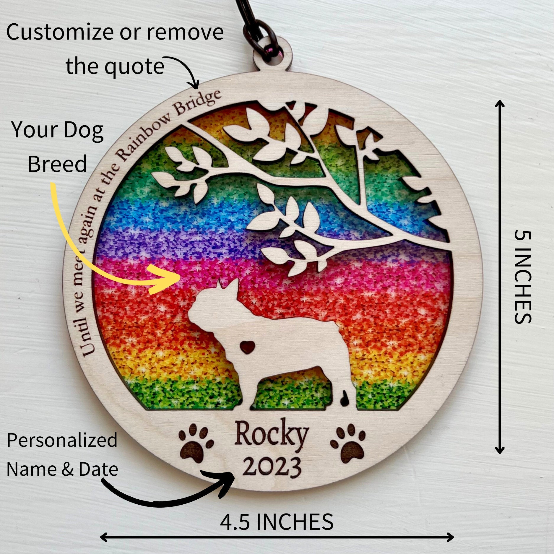 Dog Memorial Suncatcher, Rainbow Bridge, Personalized with dog breed, name and date, Available in all breeds