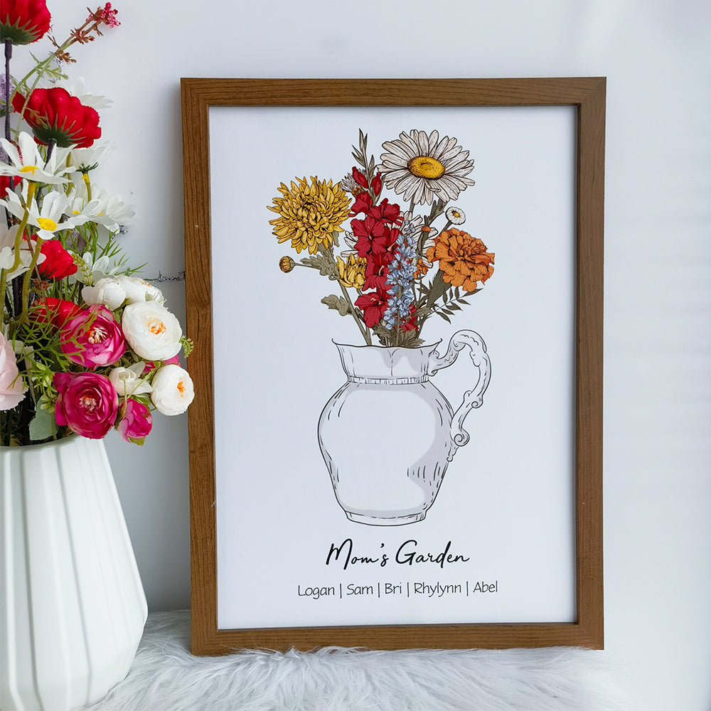 Personalized Birth flower Bouquet Vase Names Frame For Mom/Grandma