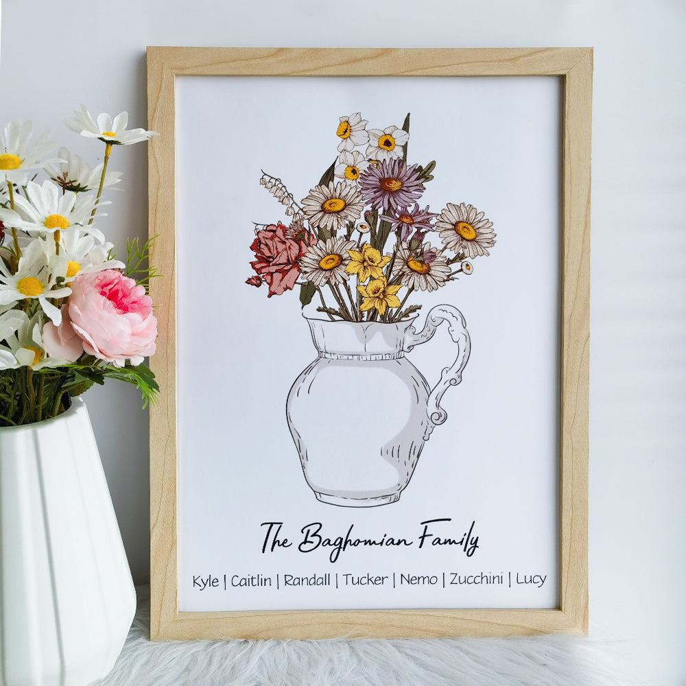 Personalized Birth flower Bouquet Vase Names Frame For Mom/Grandma