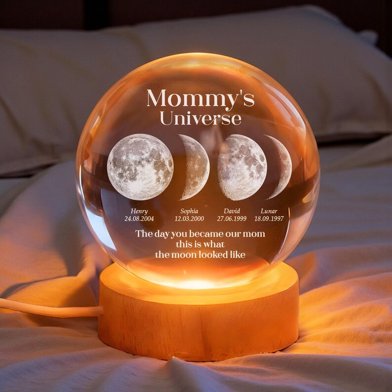 Personalized Mom Moon Phase Crystal Ball Night Light, Custom Gift for Mom or Grandma, Gift for Mom or Grandma Mother’s Day