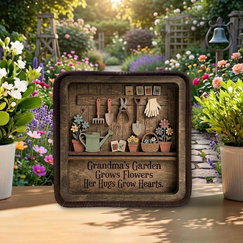 Grandma Garden Wooden Shadow Box – Personalized 3D Garden Tool Shelf Decor