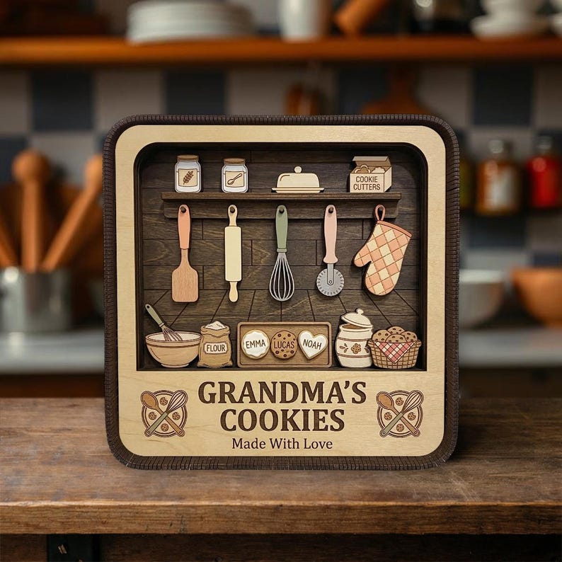 Grandma Baking Shadow Box – Personalized 3d Wooden Cookie Kitchen Decor Gift From Grandkids