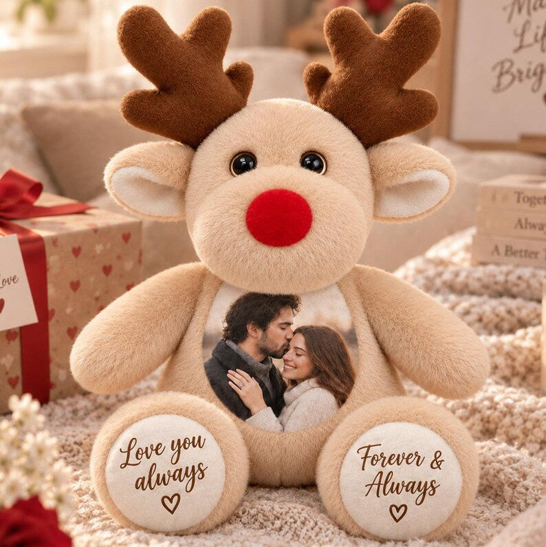 Personalized Reindeer Plush,Christmas Gift,Custom Photo Stuffed Animal, Couples Keepsake Gift, Girlfriend Gift, Anniversary Gift