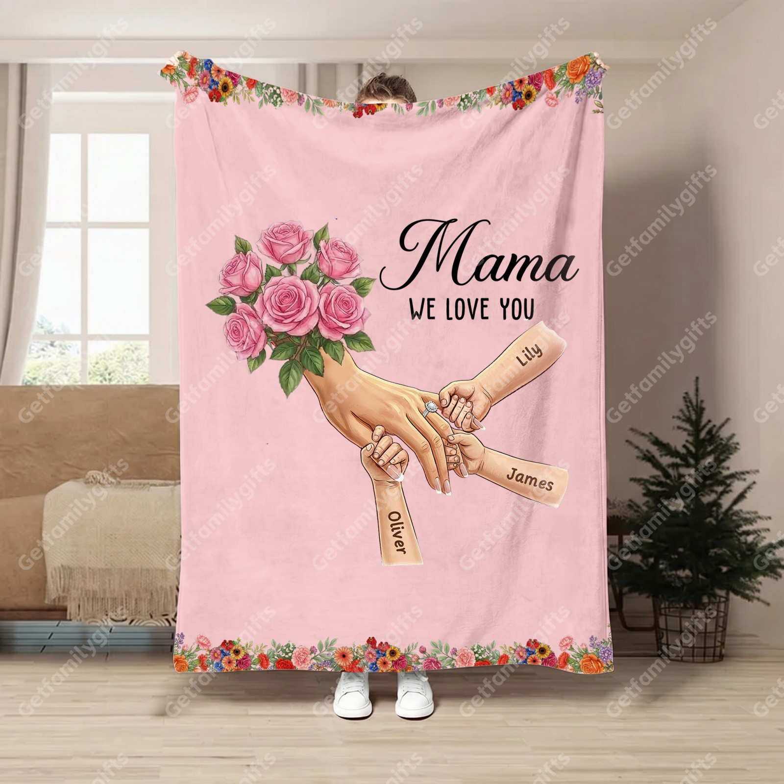 Personalized Mommy Holding Hands Blanket with Ring & Manicure-Mother's Day Gift