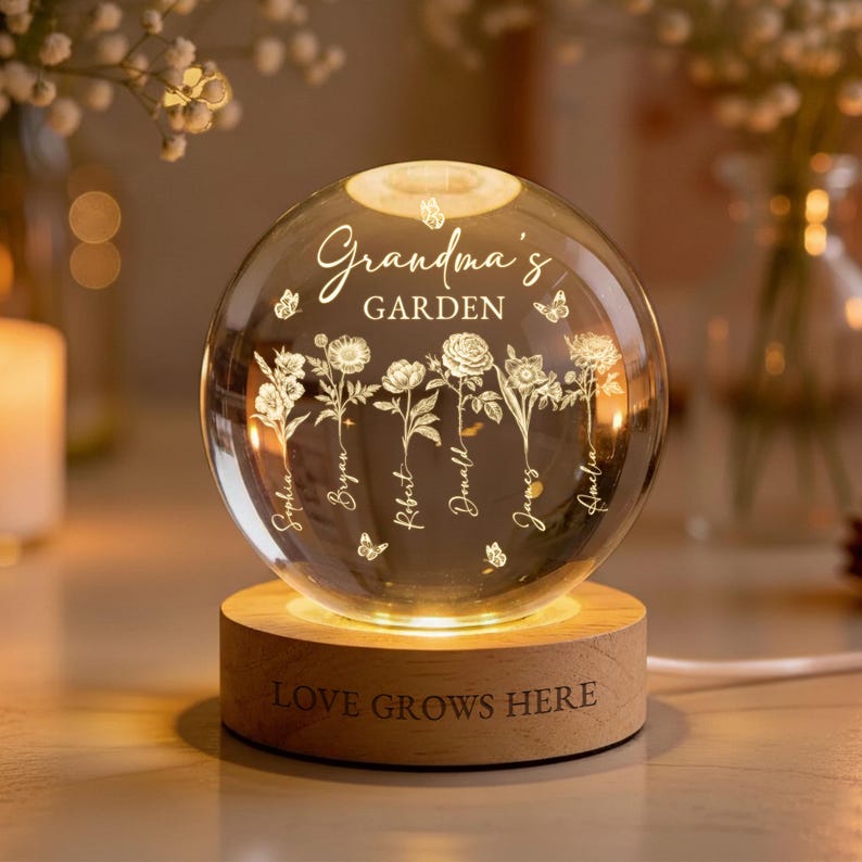 Grandma’s Garden Personalized Birth Flowers Crystal Ball Night Light – Perfect Mother’s Day Gift for Mom from Daughter | Custom LED Crystal Globe with Family Names