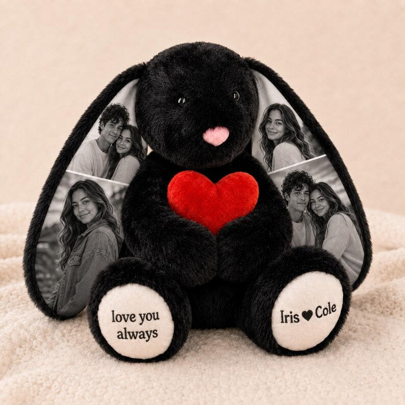 Personalized Photo Bunny Plush with Custom Paw Text-Custom Keepsake Gift for Couples, Family & Loved Ones