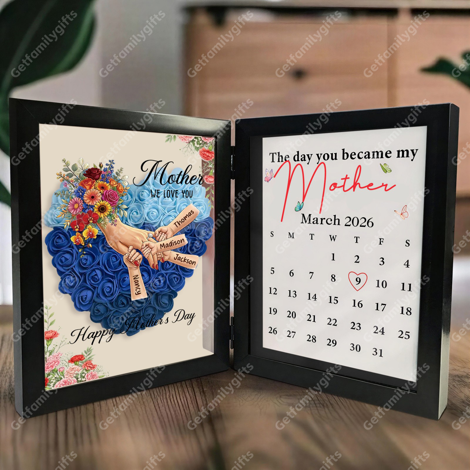 Personalized Mom Holding Hands Folding Flower Shadow Box with Calendar -Mother's Day Gift